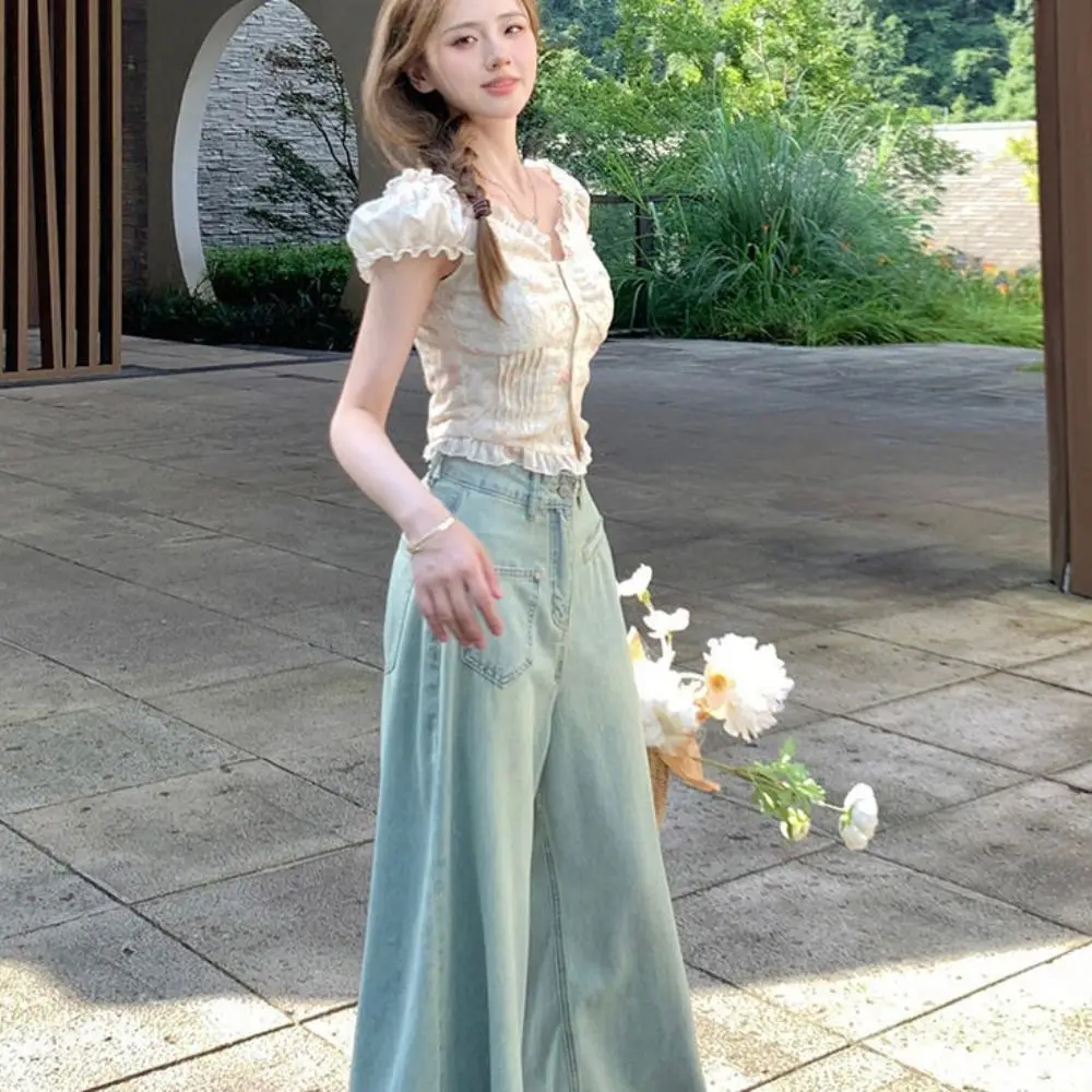 

Плиссированный укороченный топ с пышными рукавами Spicy Girl, облегающая футболка с цветочной вышивкой и рюшами, милый топ с открытыми плечами, женский женский топ