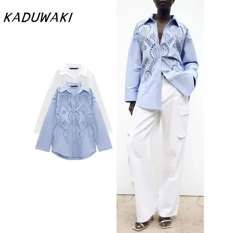 

KADUWAKI Women's New Fashion Casual Blouses Tops Embroidery Hollow Single Breasted Lapel Long Sleeve Curved Hem Loose Shirt Top