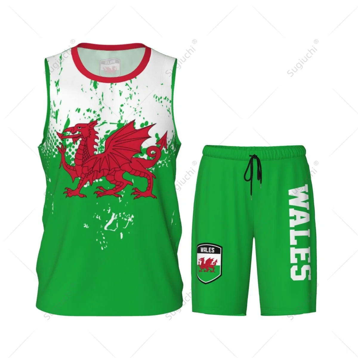 Team-Up Wales Vlag Graan Heren Basketbal Jersey Set Shirt & Broek Mouwloze Aangepaste Naam Nunber Exclusief