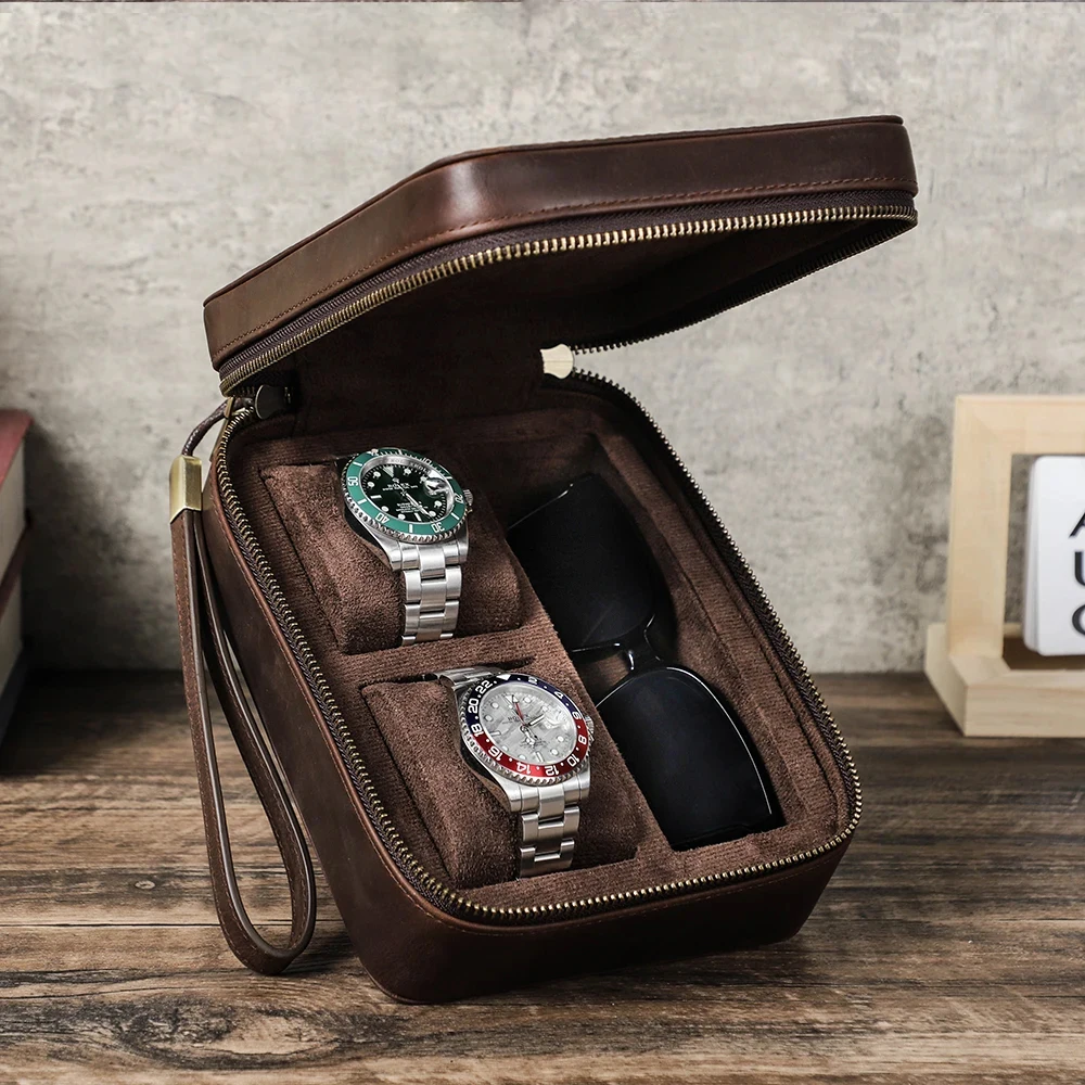 

Retro crazy horse leather two-piece watch and glasses storage case, multi-functional wrist travel portable genuine leather glass