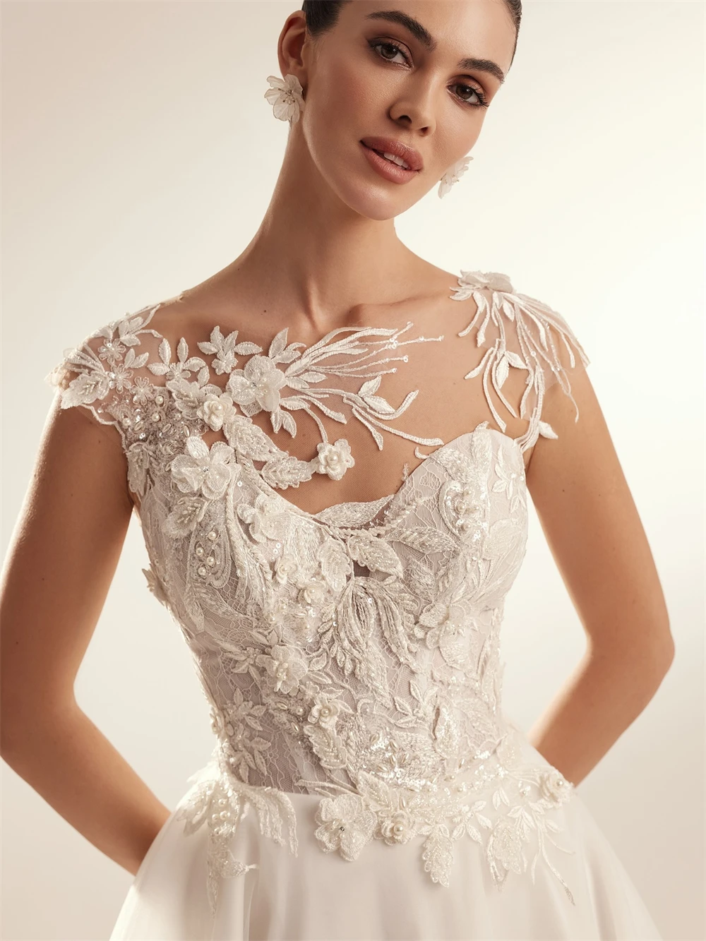 

Customized Elegant White Organza Wedding Dress Sexy O-Neck Short Sleeves Bridal Gowns Soft A-Line Court Train Vestido De Novia