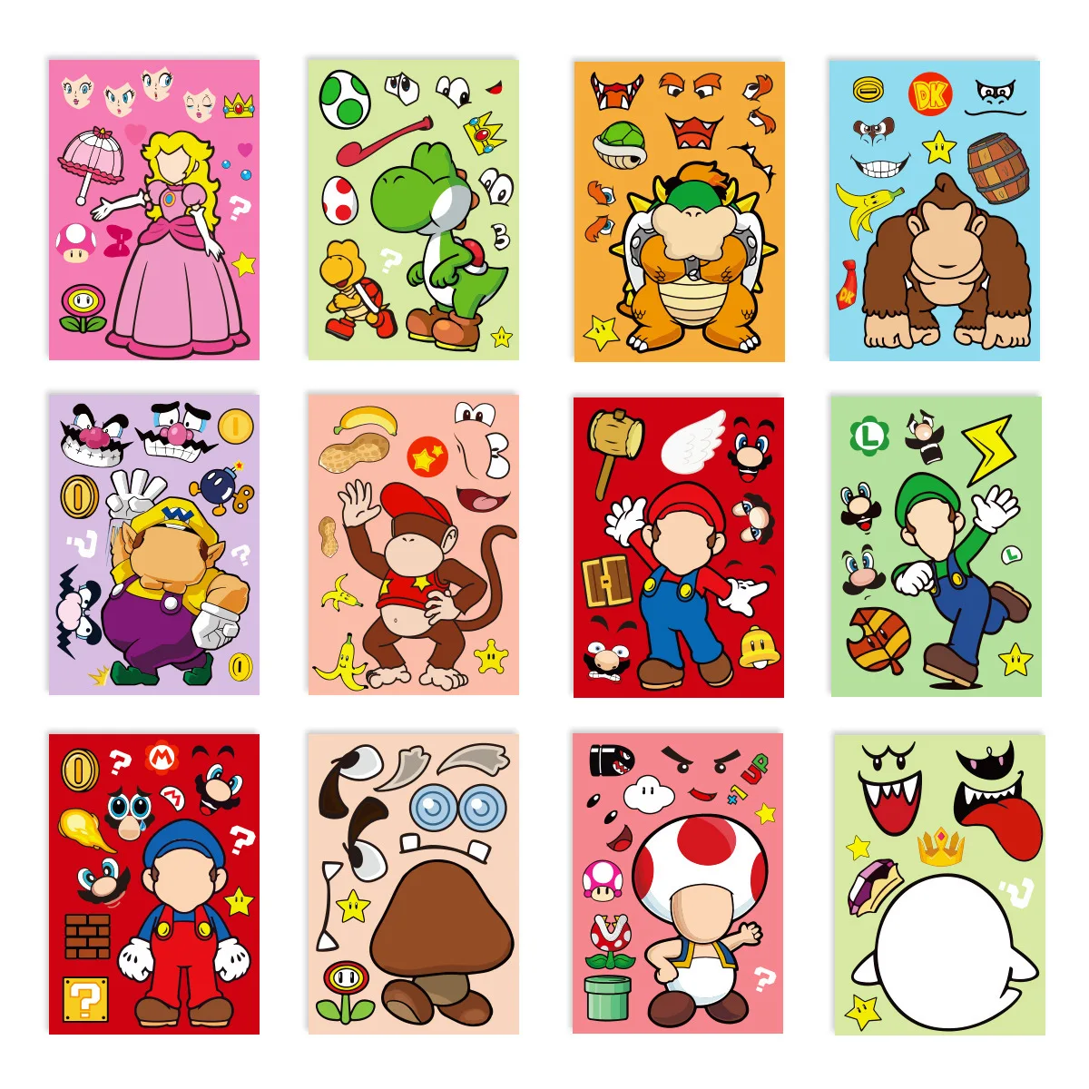 12 autocollants de puzzle Anime Mario Bros, jeu Kawaii pour créer un visage, autocollants mignons de dessin animé, pack amusant DIY, jouet cadeau