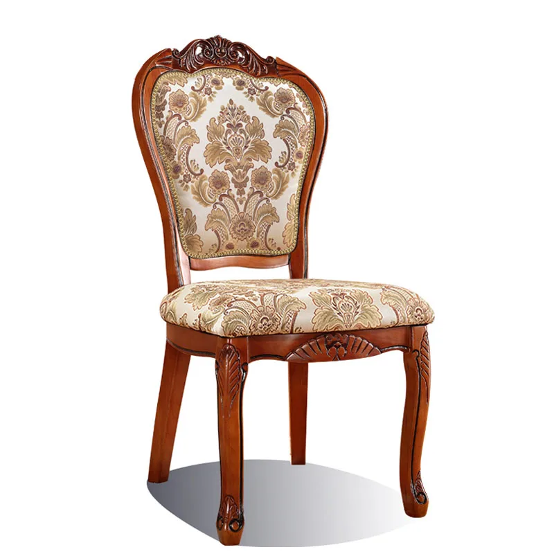 American Country Dining Chair Solid Wood Carved Fabric Chair Dining Room Dining Chair Dark European Soft Chair Room Furniture