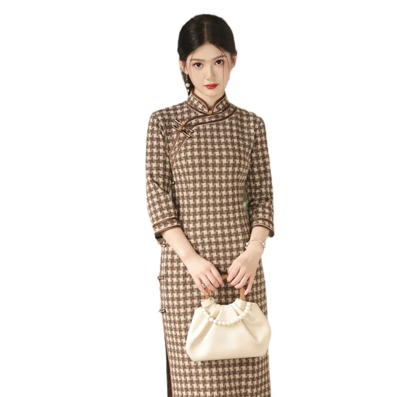 Nylon Cotton Plaid Mid-Length 3/4 Sleeve Cheongsam Qi Pao Autumn and Winter New Retro National Style Women's
