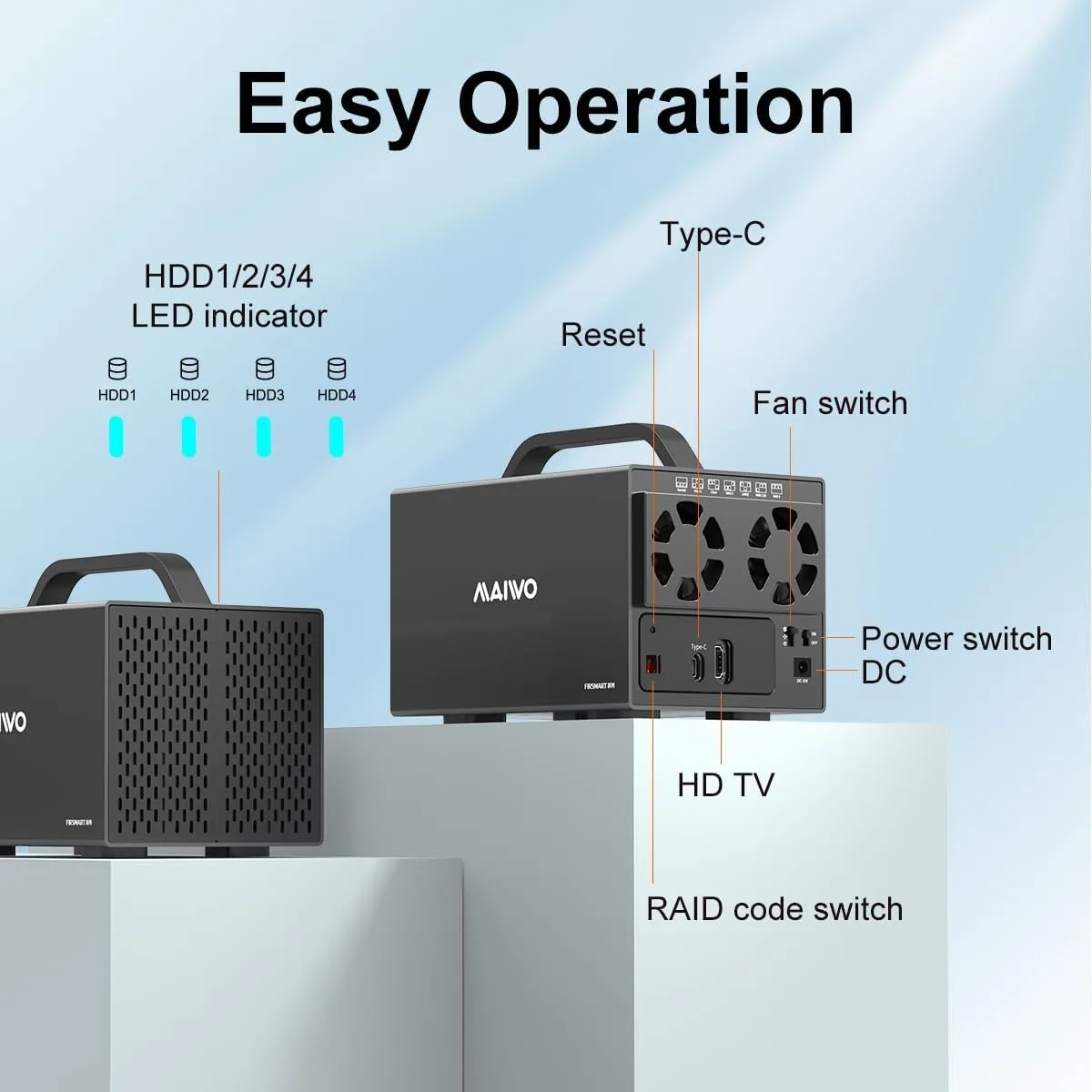 MAIWO 4 Bay 3.5'' HDD RAID Enclosure For 2.5/3.5 Inch SATA Drive with Cooling Fan Supports 7 Raid Modes 96TB Capacity DAS Case