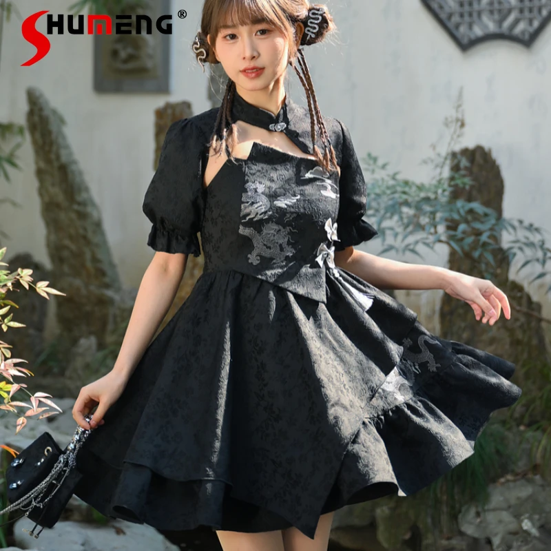 New Chinese Style Two-piece Sets Looks Thin And Small Dresses National Tide Black Suit Summer Spring 2024 Women's Short Vestidos