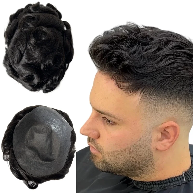 

Перуанские системы натуральных человеческих волос # 1b Черный, волнистый парик 32 мм 8x10 V Loop 0204 Супертонкая кожа для белых мужчин