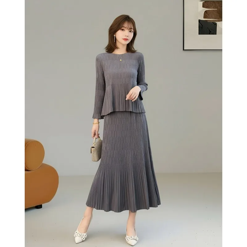 Miyake Pleated Skirt Set Plisse Women 2026 Autumn Winter New Gray Loose Fold Top and Skirt Pleats Two-Piece Set Elegant Style