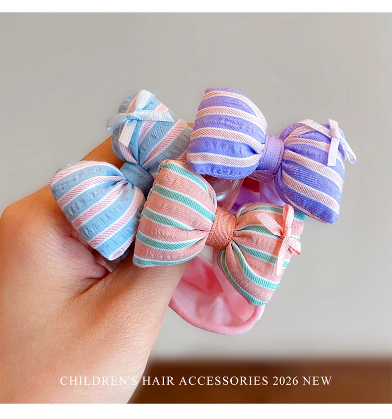2 Stück/Set, niedliche, gepolsterte Haargummis mit Streifenmuster und Schleife für Kinder, schaden dem Haar nicht, hohe Elastizität, Haargummis mit Herz-Motiv für Kleinkinder, Mädchen-Accessoires. – Detail 3