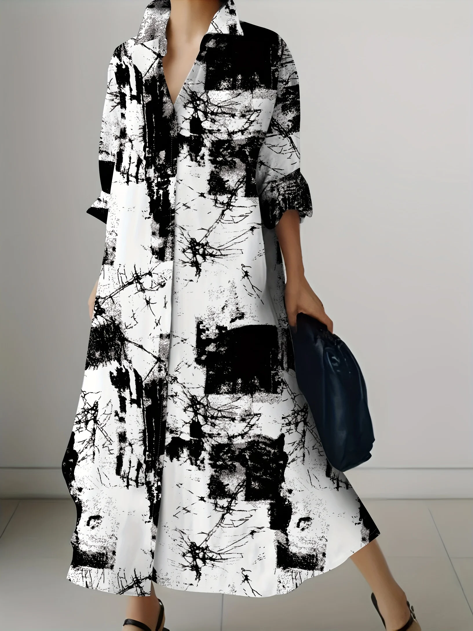 Abstraktes Schwarz-Weißes Tintenfleck-Print Langarm-Hemdkleid für Damen Urlaubsstil Lässiges Sommerkleid