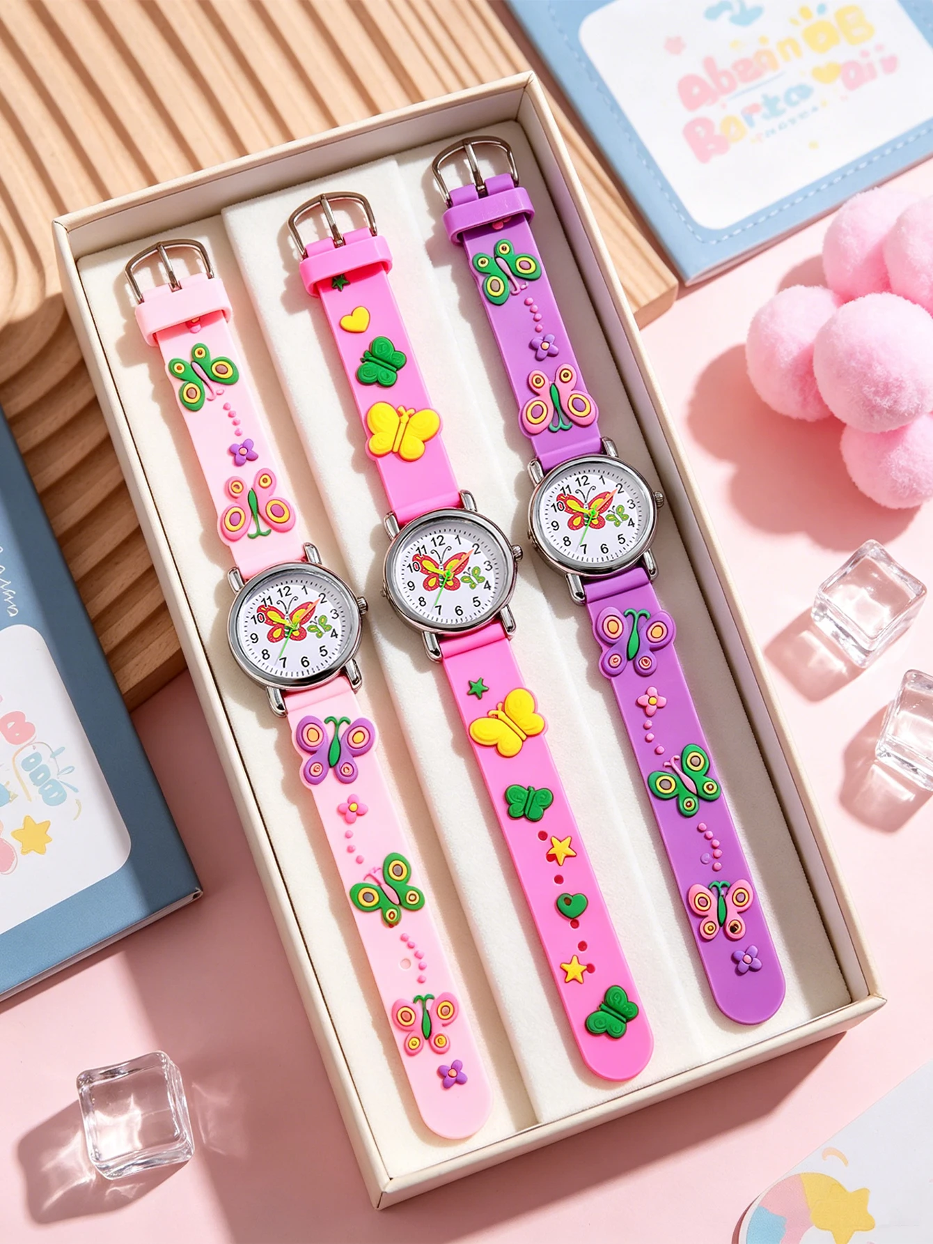

3pcs/set Kids Butterfly Silicone Watch, Colorful Cartoon 3D Butterfly Quartz Wristwatch For Girls