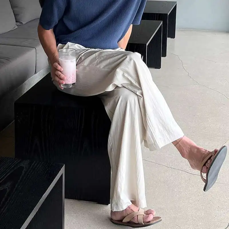 Summer Thin Black Pants Men Fashion Oversized Wide Leg Pants Men Streetwear Korean Loose Beige Casual Pants Mens Trousers