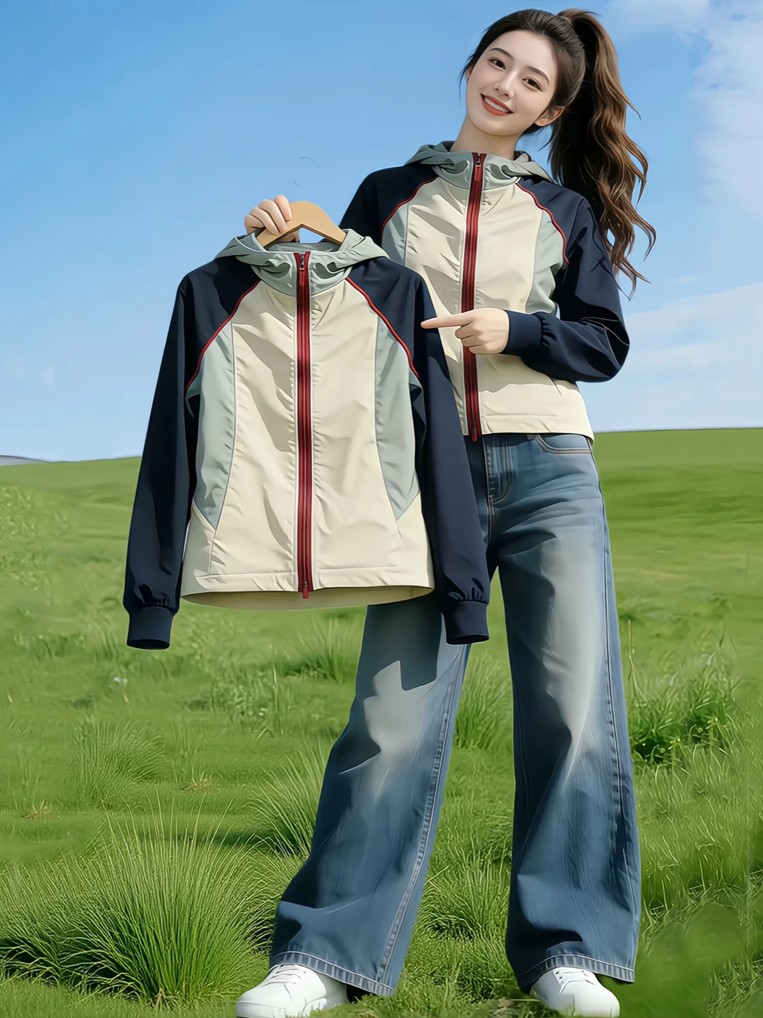 Retro American Style Color Block Hooded Jacket Women's Summer New Unique Beautiful Sunscreen Outerwear Coat Casual Loose Fit
