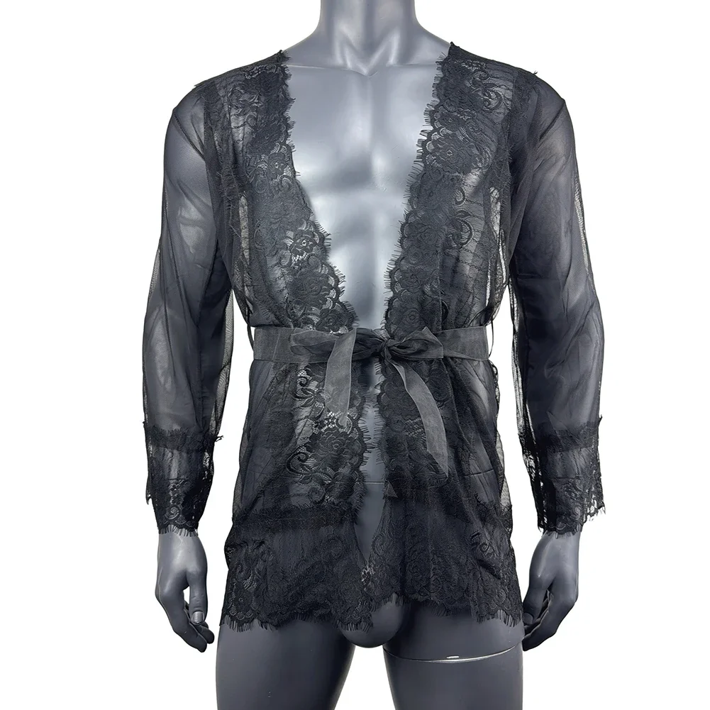 ผู้ชายหลวมเสื้อคลุมอาบน้ําชุดชั้นในลูกไม้ Night Wear ตาข่ายดูผ่านชุดนอนเร้าอารมณ์ Langerie ผู้ชาย T กางเกง