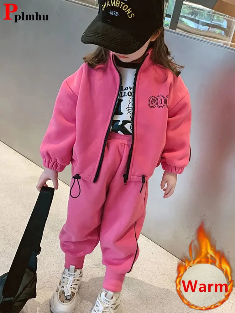 Winter Velvet Lined Girls 2 Piece Sets Thick Stand Collar Coat Tracksuit Kids Conjuntos Warm Plush Jogger Pants Children Outfit