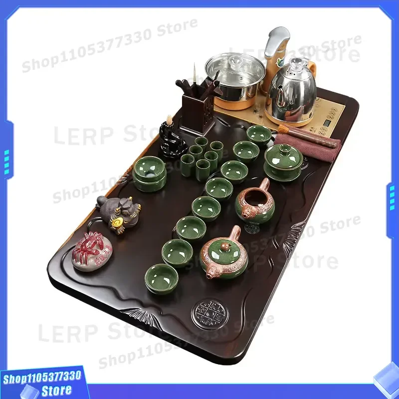 Automatic Ebony Tea Tray Set with Cover for Home Office Kung Fu Tea Board Whole Set Accessories Elegant Design for Daily Use
