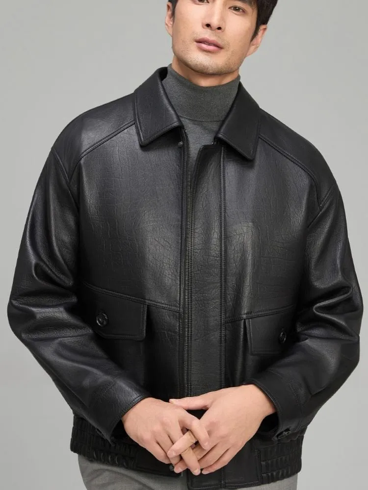 الأعمال عارضة نمط رفض طوق طويلة الأكمام سترة جلدية حقيقية بلون سستة فضفاضة الذكور ملابس خارجية من جلد الغنم #6