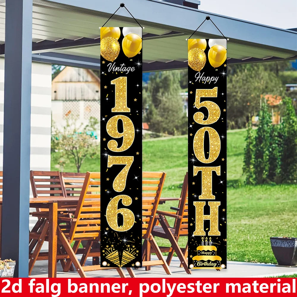 Bannière plate 2D, bannière d'anniversaire 2 pièces, matériau polyester, 70,9 pouces * 12 pouces, bannière rideau pour fête d'anniversaire 50 ans - Or vintage 1976
