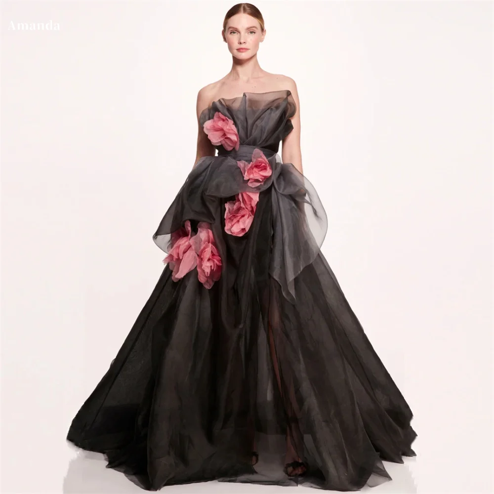 Amanda Mesh Strapless A-Line robes de soirée Floral Draped Floor-Length Sleeveless Evening Dresses Formal Evening Wedding Dress