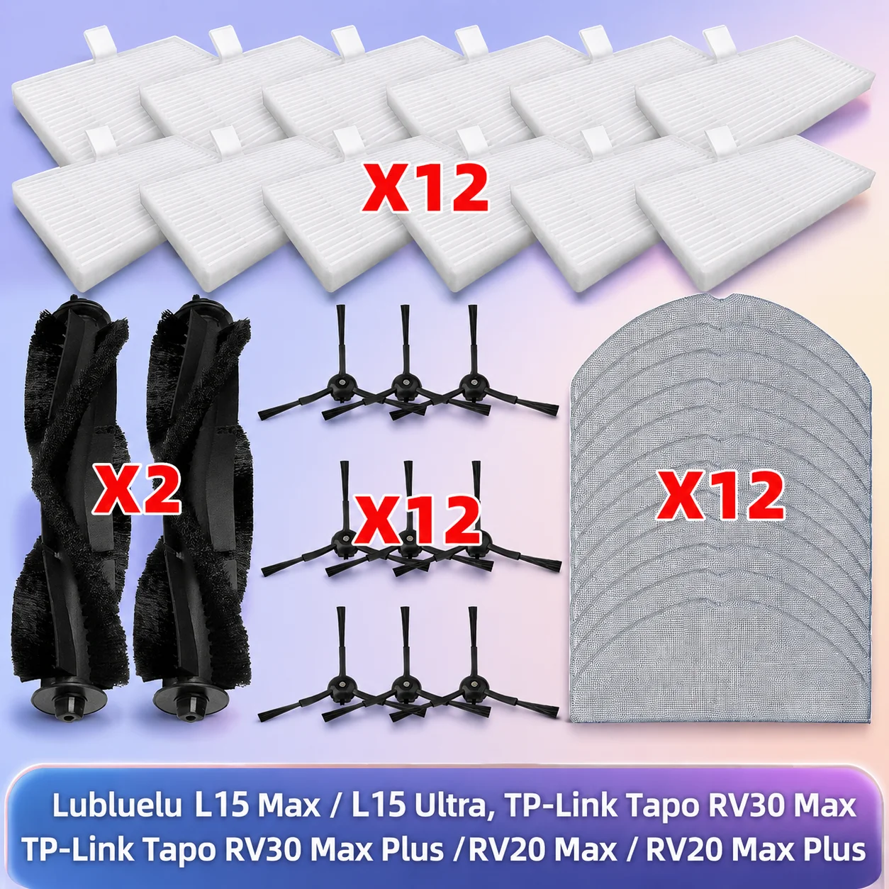 Fit For Lubluelu B40 Plus / B40, Lubluelu L15 Max/ Lubluelu L15 Ultra, TP-Link Tapo RV30 Max/RV30 Max Plus/RV20 Max/RV20 Max Plus Peças do aspirador: Filtro, Rolo principal, Escova lateral, Pano de limpeza, Acessórios