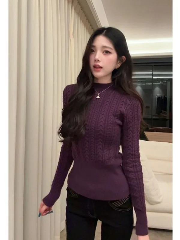 

Retro Korean Sle Knitted Top Women's Slim Fit Long Sve Stand Collar Purple Base Layer Sweater Faionable Twist Design