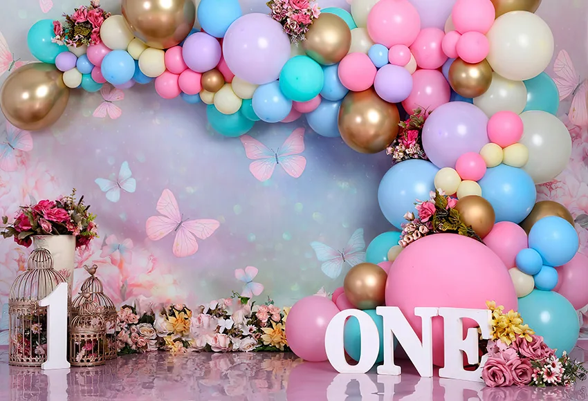 Mehofond Photography Background Wonderland Flowers Butterfly Balloons Girl 1st Birthday Cake Smash Decor Backdrop Photo Studio