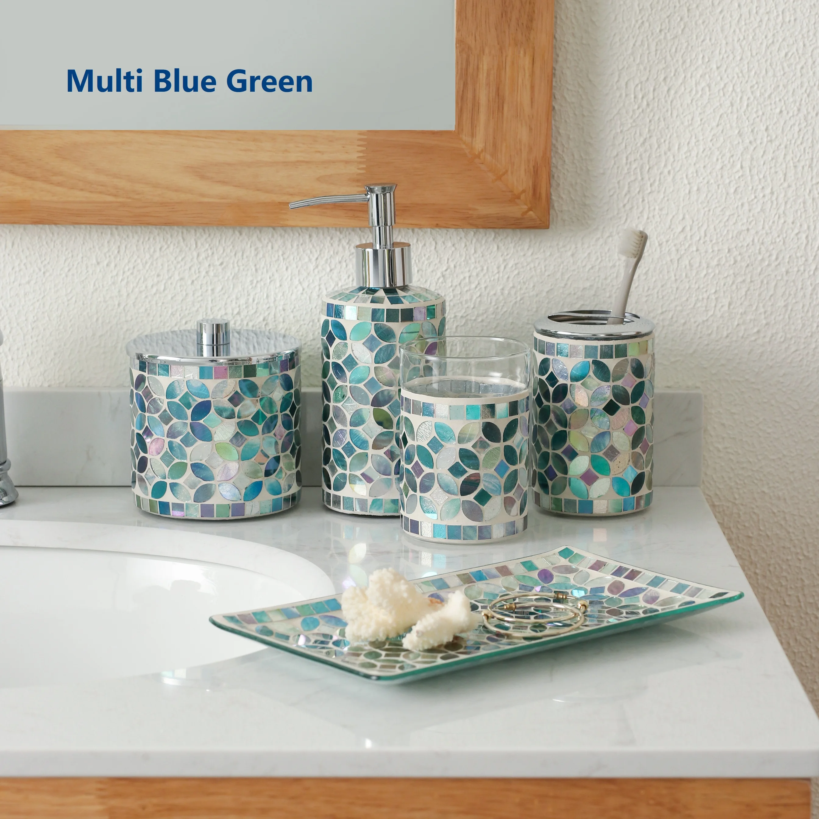 

Decorative Mosaic Glass Bathroom Accessories Set 5PCs - Includes Hand Soap Dispenser &Cotton Jar & Tumbler & Vanity Tray & Toothbrush Holder