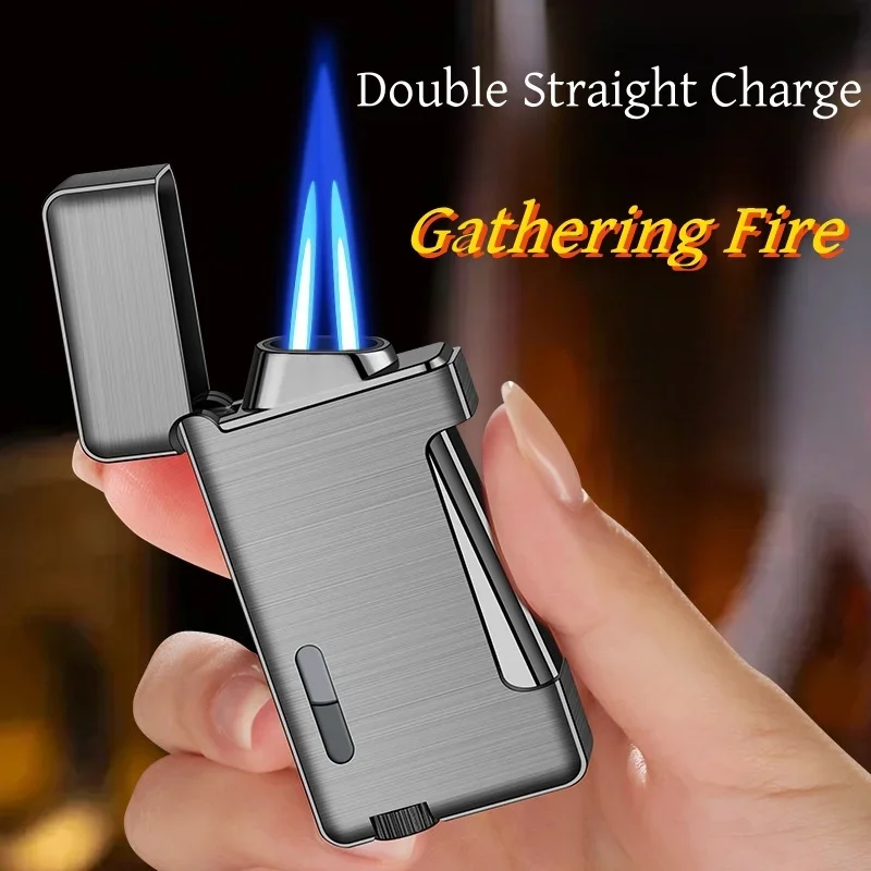 Creative Double Direct Charging Concentrated Fire Side Pressure Gas Lighter Windproof Metal with Breather Window Turbo Lighter