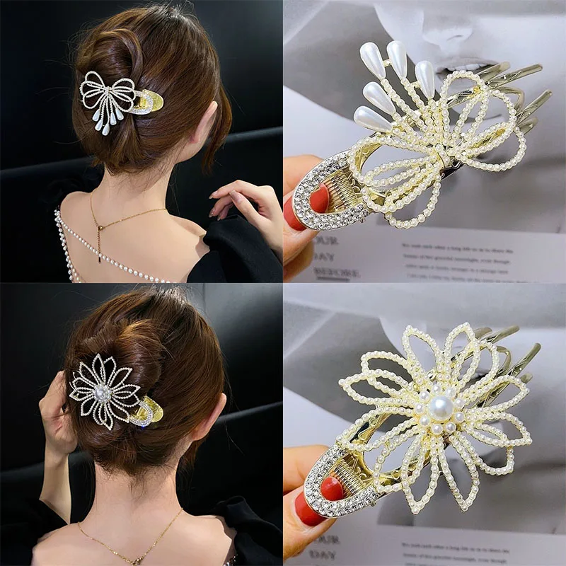 

Fashion Rhinestone alloy duck beak clip hairpin elegant pearl three tooth diamond inlaid bow Crab Claw Ponytail Claw Clip tiara