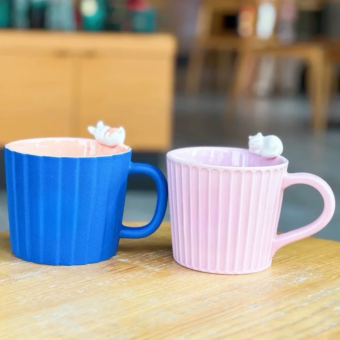 

The Full Moon Gathers, Blue Three-dimensional Rabbit Mug, Pink Angled Cute Cat Ceramic Water Cup