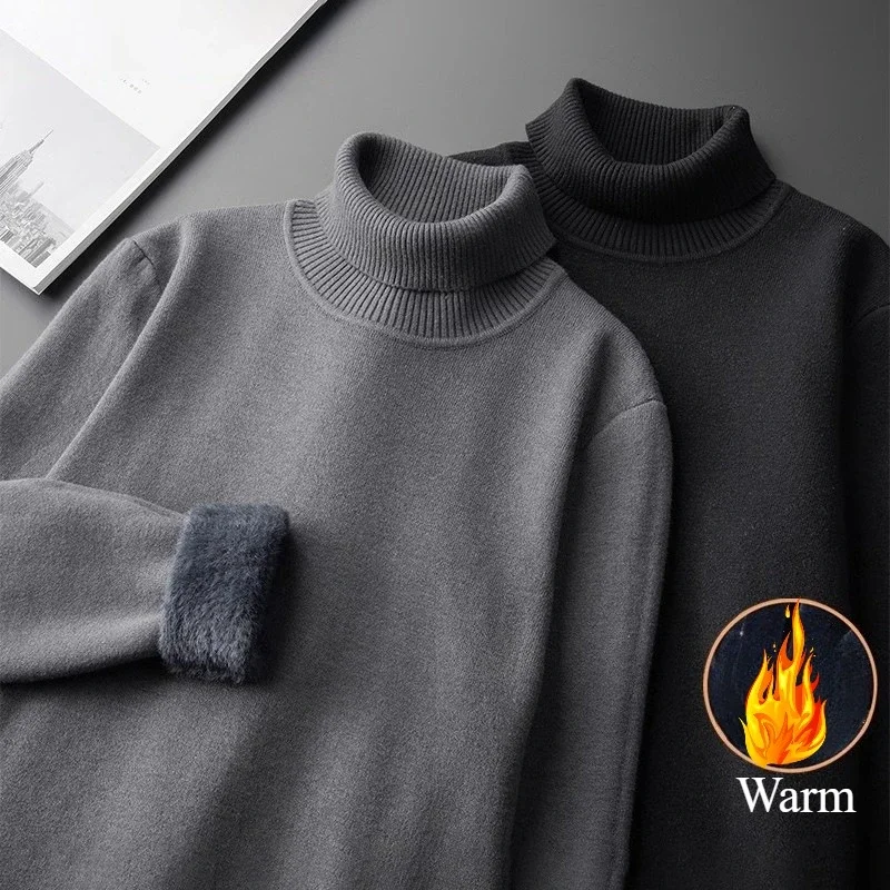 

High-neck Fleece Knitted Sweater Men's Slim Base Shirt Winter Turn-down Collar Pullover Casual Keep Warm Thick Bottom Tops