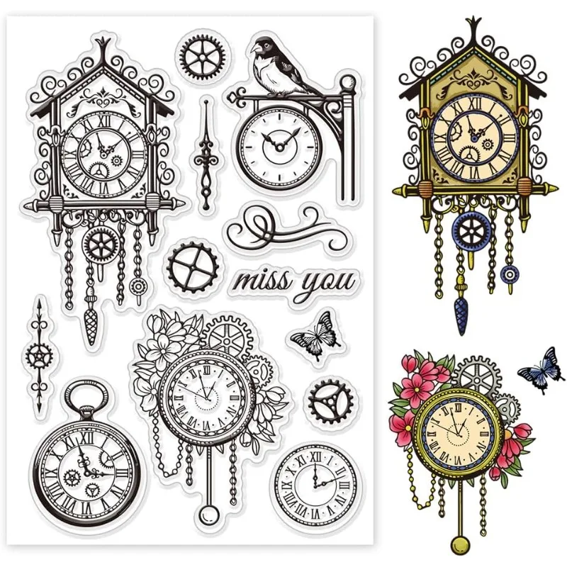 1Sheet Vintage Clock Gear Clear Stamps Clock Bird Clear Rubber Stamps Alarm Clock Silicone Stamps for DIY Scrapbooking Photo