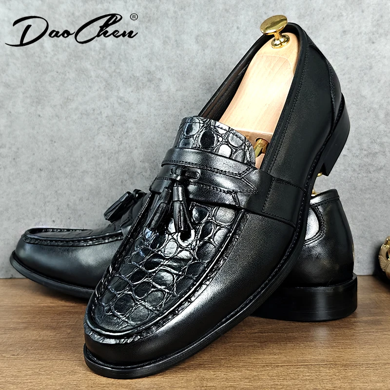 

ITALIAN LUXURY MENS CASUAL SHOES GENUINE LEATHER MOCCASIN LOAFERS BLACK CROCODILE PRINT TASSELS DRESS SHOES SOCIAL SHOES FOR MEN