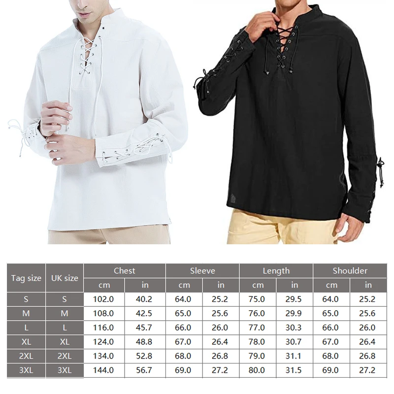 Mens Cotton Henley Shirt Fashion Solid Color Long Sleeve Lace Up Medieval Pirate Shirt Vintage Casual Tops Beach T-shirt