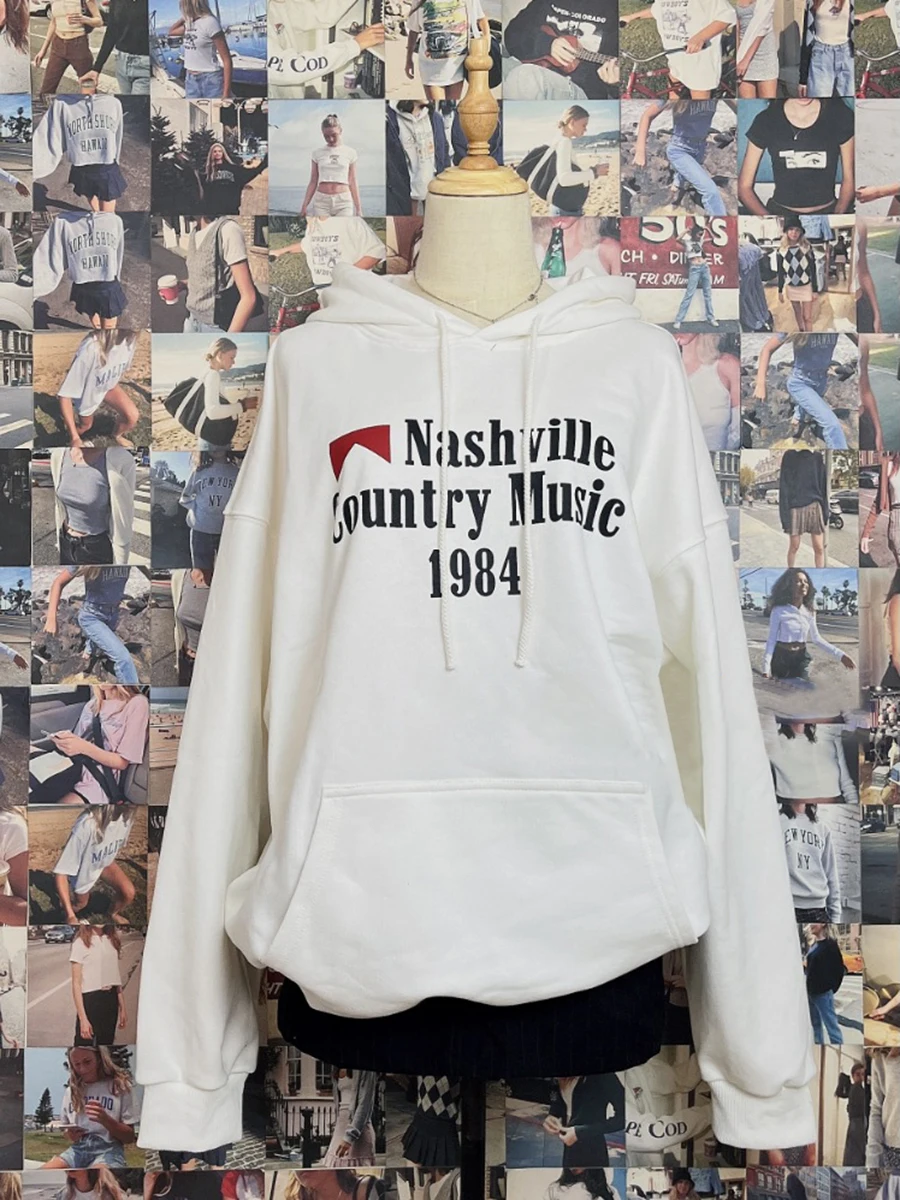 

Letter Print Loose Hoodie Woman Spring Drawstring Hooded Pocket Cotton Sweatshirt Vintage Streetwear Oversized Hoodies New Tops