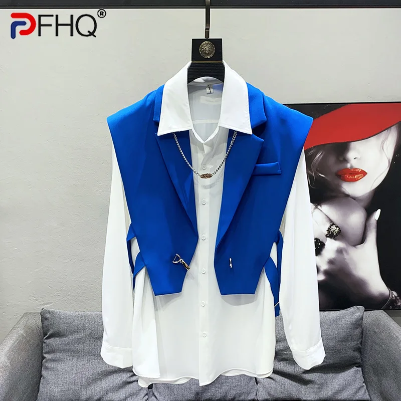 PFHQ 2023 New Niche Design Suit Collar Waistcoat Men\'s Fashion Folding Wear High Quality Original Sleeveless Vest Elegant Jacket