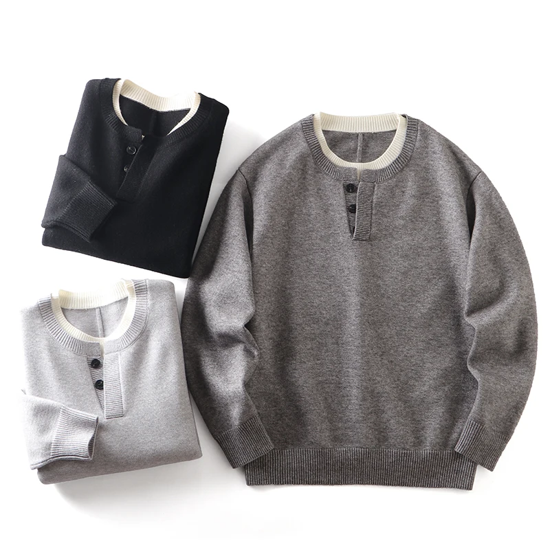 

Ультратонкая трикотажная ткань, теплая, приятная для кожи, мужской модный круглый свитер Ne, искусственный двухсекционный повседневный свитер из смеси полиэстера