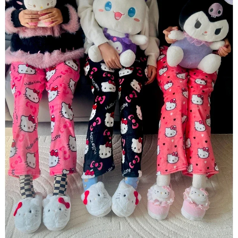 Sanrio Hello Kitty piyama flanel Kawaii Y2k, celana panjang Fashion musim gugur musim dingin kasual kartun wol hangat untuk wanita