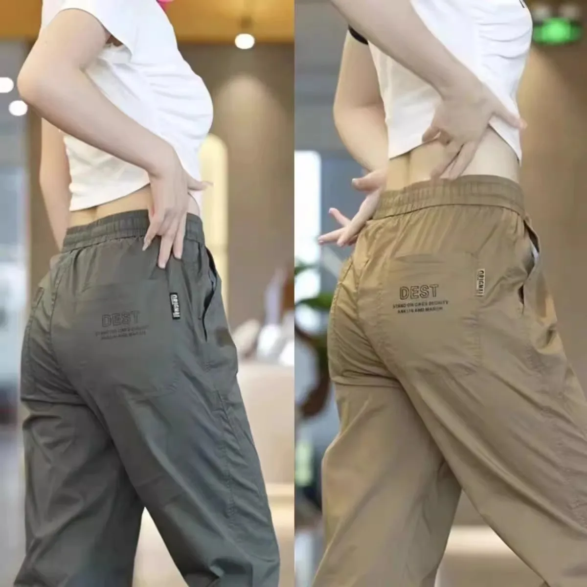 

Ice Silk Thin Casual Pants Loose Fit Spring Autumn Men's Workwear Breathable Polyester Fiber Trousers with Dstring