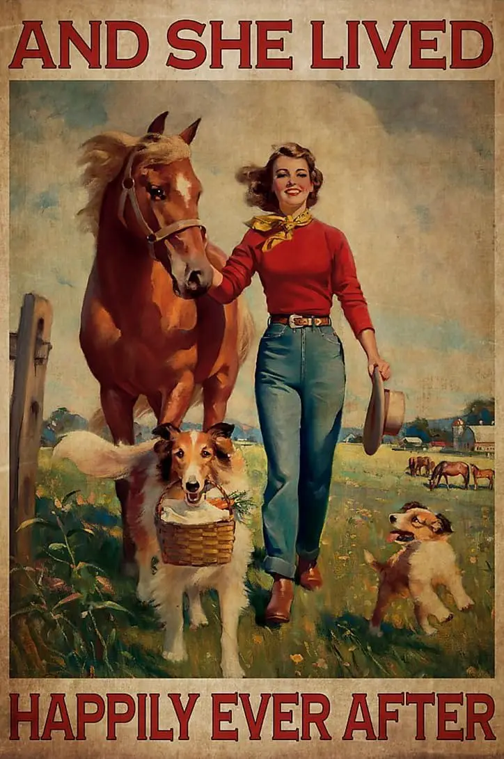 Metal Tin Retro Sign- Vintage Girl with Horse and Dogs Metal Poster, She Lived Happily Ever After Metal Poster, Vintage Art, Ret