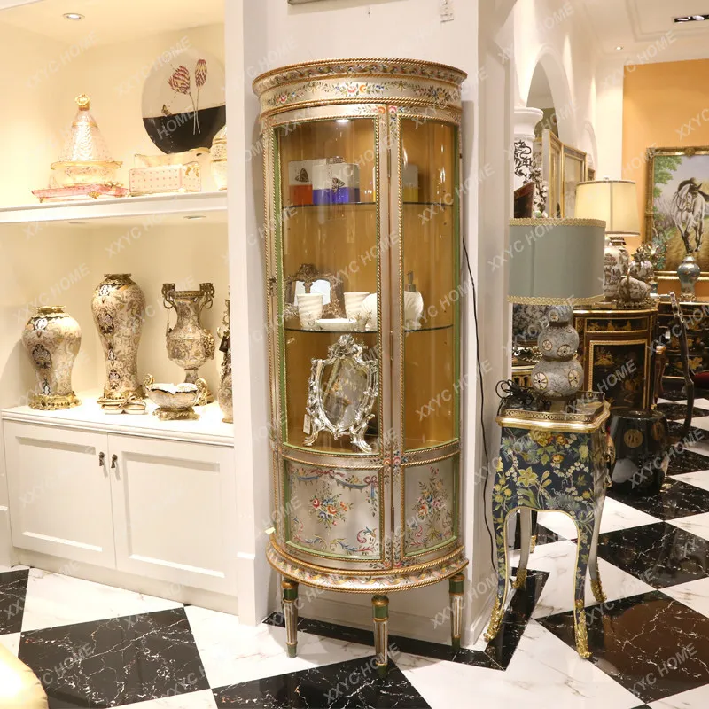 Luxury silver foil hand-painted foreign flower glass semi-round wine cabinet decorative cabinet single door display cabinet