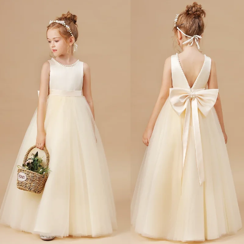 Teen Big Bow Girls Princess Dresses for Bridesmaids Kids Party Dress for Girl Beading Wedding Prom Pageant Dress Gown 5-14 Years