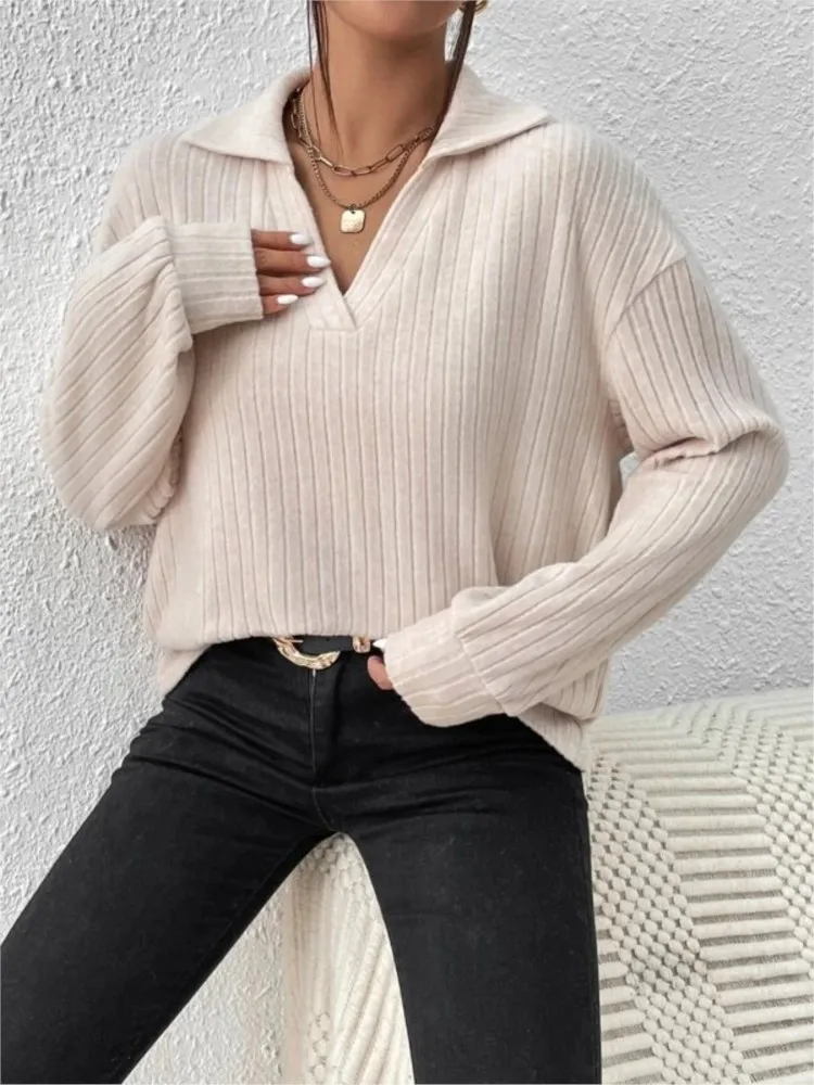 Sexy V Neck Polo Shirt Office Lady Spring Autumn Fashion Elegant Solid Long Sleeve Polo T-Shirt For Women 2023 Female Blouse