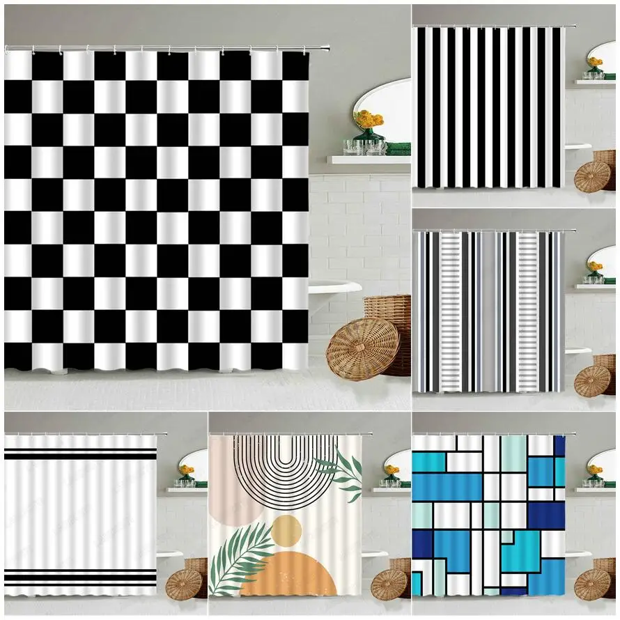 

Black and White Plaid Shower Curtain Creative Striped Mid Century Splicing Geometric Bath Curtains Modern Fabric Bathroom Decor