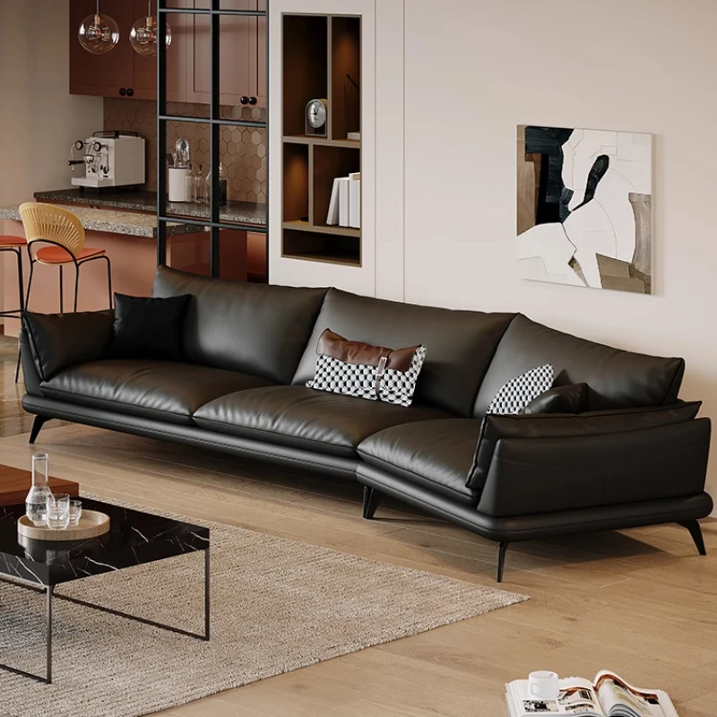 

Leather sofa, Italian minimalist first-layer cowhide, modern minimalist black concubine small apartment curved