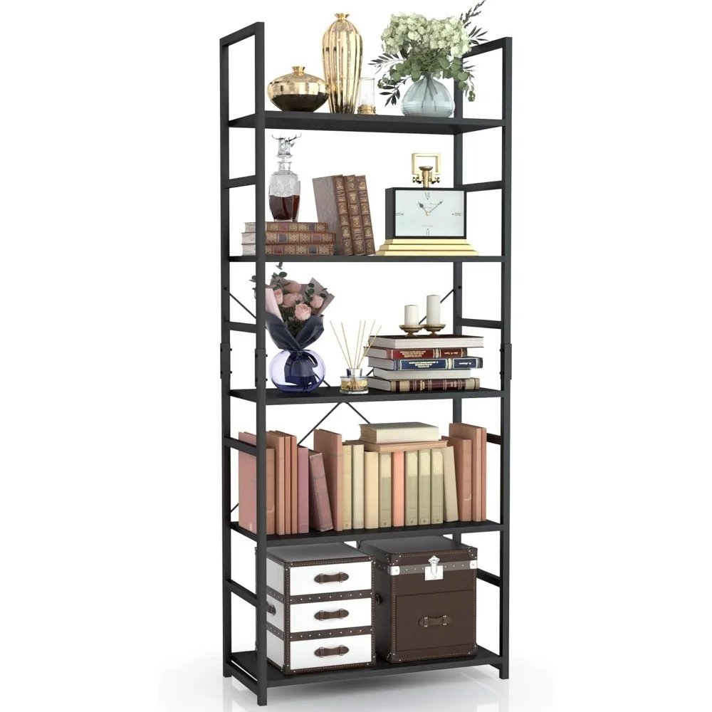 

5 Tier Bookshelf, Tall Bookcase Shelf Storage Organizer, Modern Book Shelf for Bedroom, Living Room and Home Office, Black