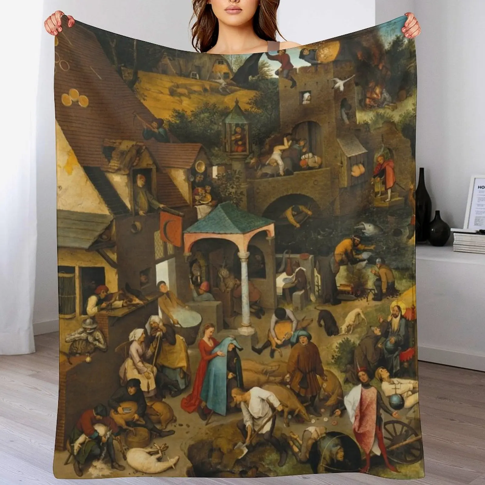 Pieter Bruegel The Elder - The Dutch Proverbs Throw Blanket Soft Beds Polar Blankets