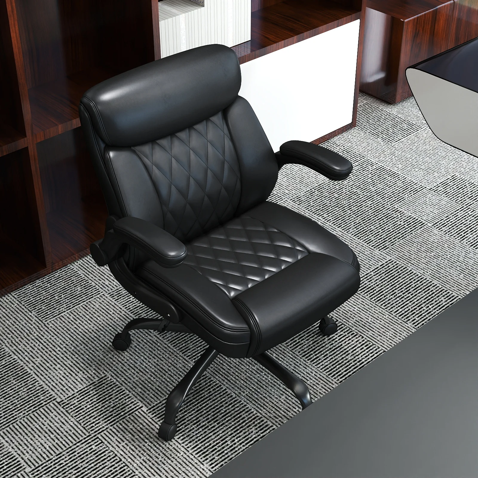 كرسي مكتب تنفيذي متوسط الظهر، جلد PU أسود، مخيط بالألماس، مساند للذراعين قابلة للتعديل، دعم قطني، #6