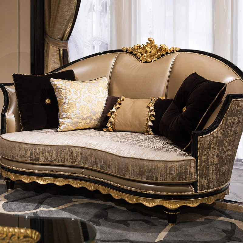 Luxury French Classic European Baroque High Quality Wood Hand Carved Real Leather and fabricwith Contrast Fabric Gold Sofa Set