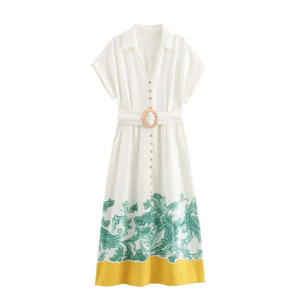 LIBIELIY LIBIELIY 2025 Summer New Women's European And American Style Retro Pattern Printed Shirt Style Dress Long Dress